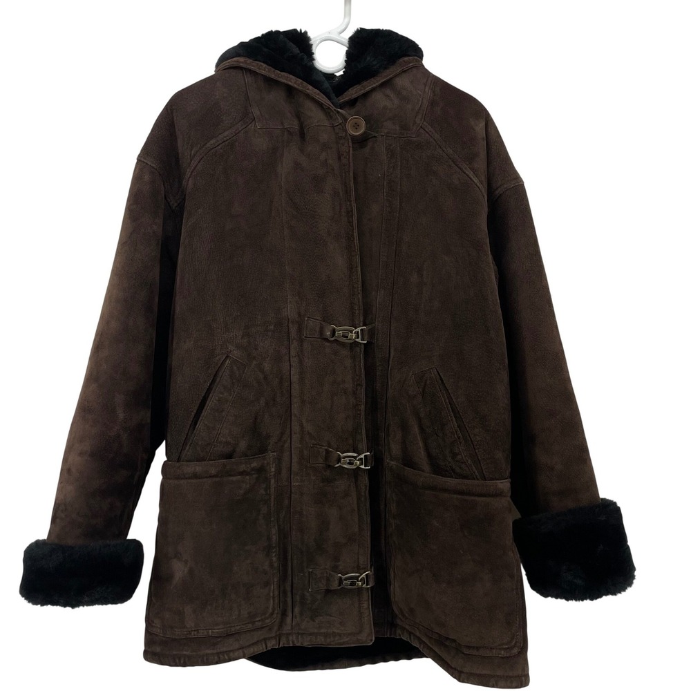 Amber Stone Women Size Small Hooded Suede Jacket Brown Faux‎ Fur Trim Toggle